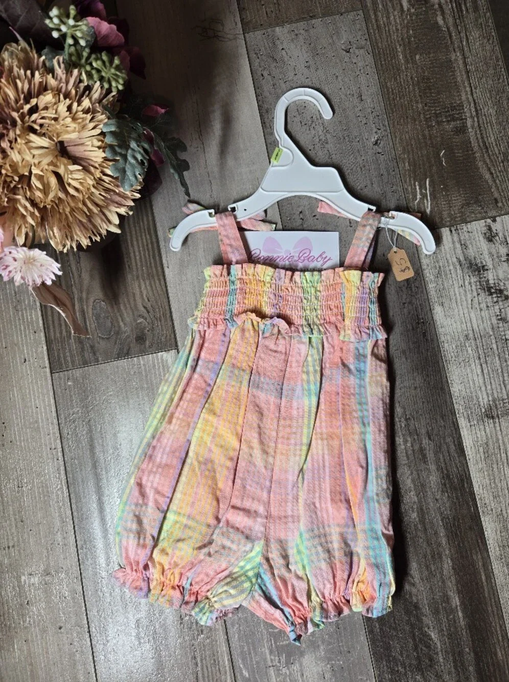 NWT Bonnie Baby Pastel Plaid Strawberry Bubble Romper 3–6M